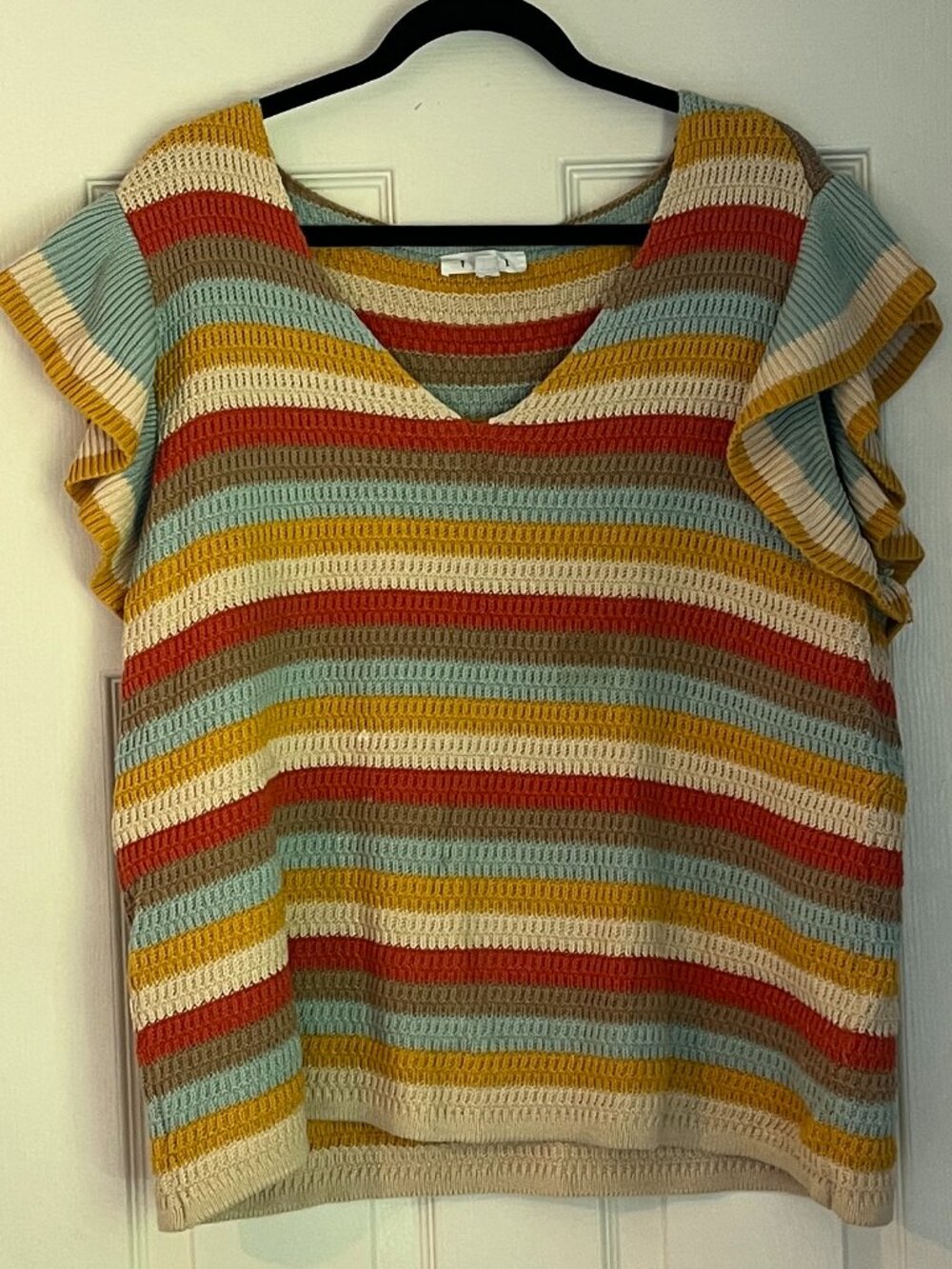 THML Colored Striped Knit Ruffle Sleeve Sweater